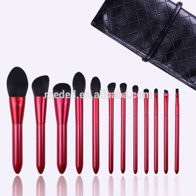 China Factory High Quality Red Color Luxury 12 pcs Wood handel Professional Eye Shadow Brush Foundation Brush Makeup Brushes Set